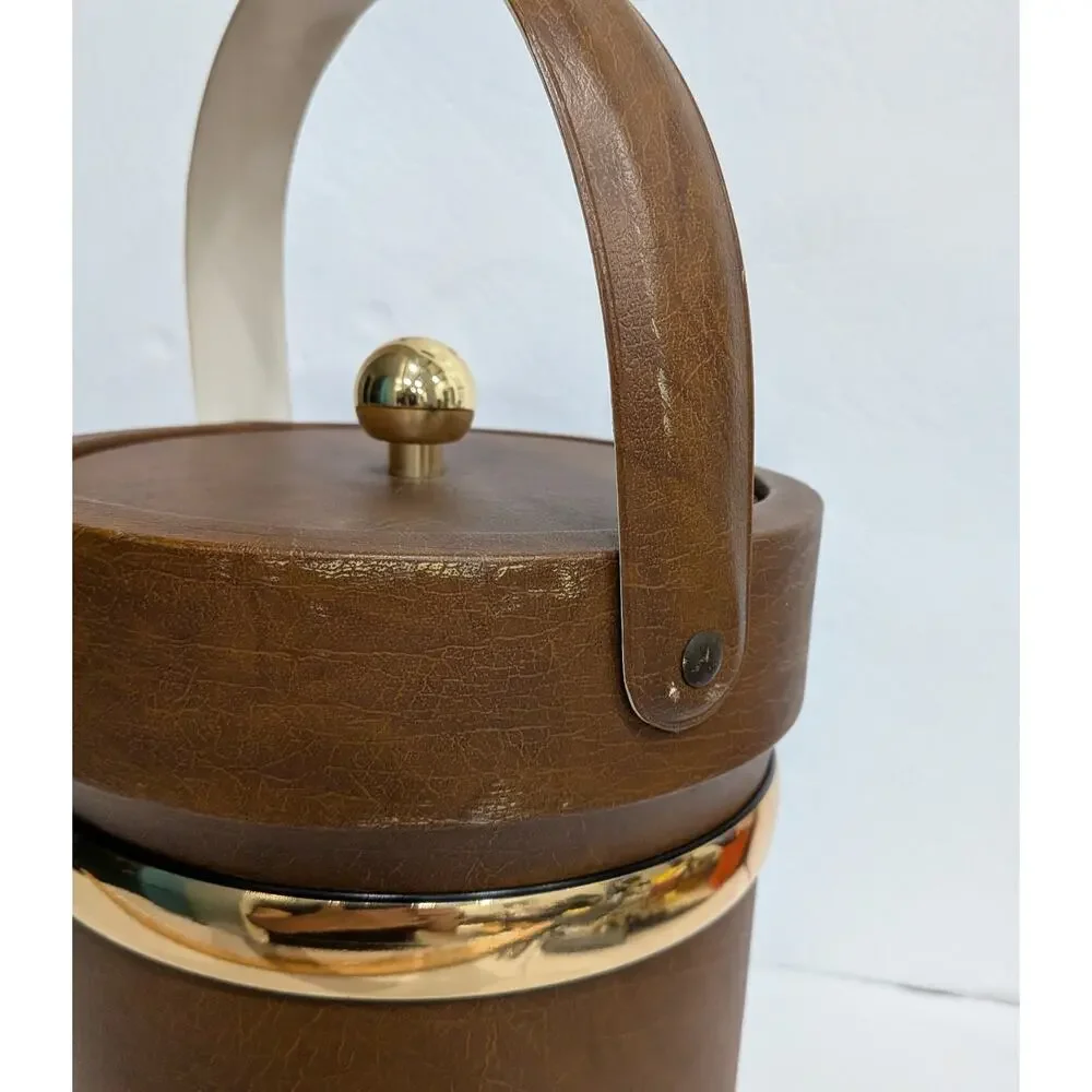 Vintage MCM Brown Faux Leather Ice Bucket Gold Brass Trim Handle Retro Barware